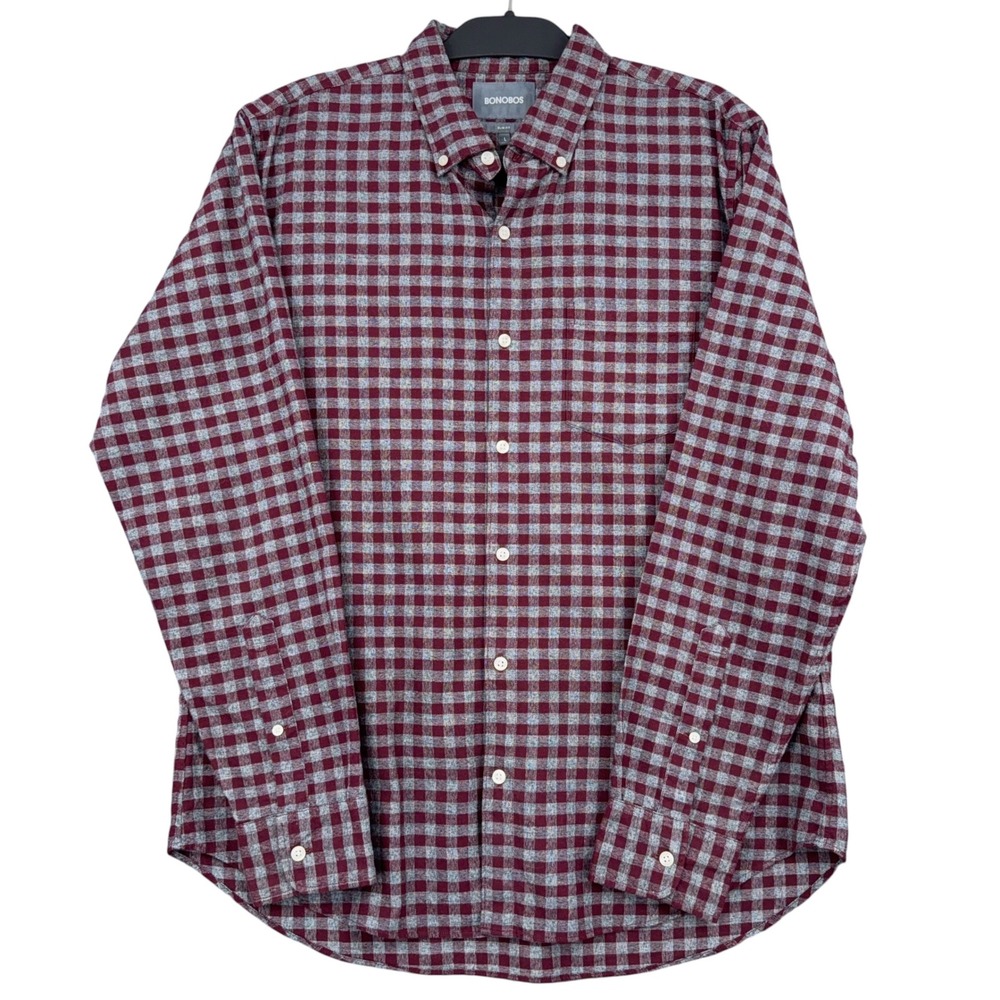 Bonobos Slim Fit Men L 100% Cotton Burgundy Gray Gingham Button Down Shirt